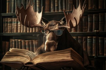Poster - Moose wearing reading glasses enjoys a book in a vintage library filled with shelves and ancient texts. Generative AI