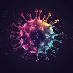 Fototapete - A colorful and minimalistic visualization of a virus illustrates its structure with sharp details against a dark backdrop for educational use