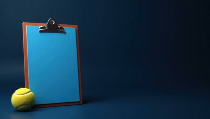 Poster - Royal blue tennis coach's clipboard on left. Soft white background. Copy space for text, 3D render AI Generated Designer Element