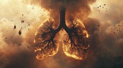 Poster - Realistic human lungs engulfed in smog and dust particles highlighting air pollution effects on health. Generative AI