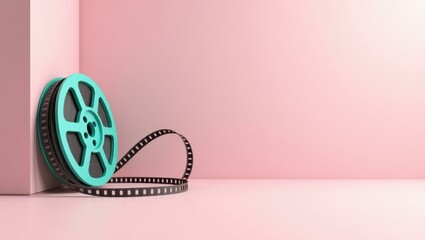 Poster - Deep turquoise film reel on right. Soft red background. Copy space for text, 3D render AI Generated Designer Element