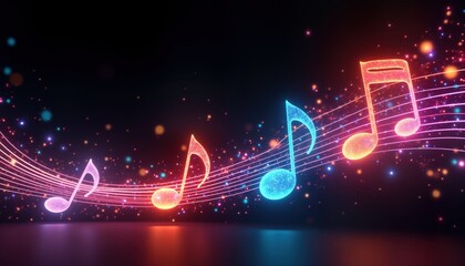 Poster - Abstract musical notes float in glowing colors against dark background. Glowing notes, music lines create dynamic, colorful design. Colorful light, energy fill image. Perfect for music-themed art