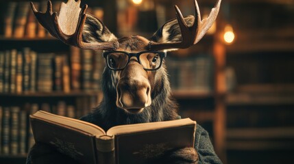 Poster - Moose with reading glasses enjoys a book in a vintage library setting filled with books and warm lighting. Generative AI