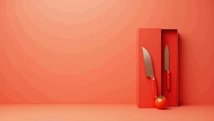 Poster - Tomato red unboxing knife on left. Soft black background. Copy space for text, 3D render AI Generated Designer Element
