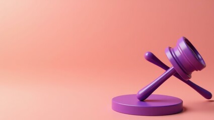 Poster - Gavel in purple on right. Soft white background. Copy space for text, 3D render AI Generated Designer Element