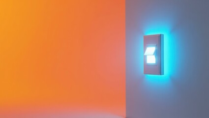 Poster - Azure blue light switch on left. Soft red background. Copy space for text, 3D render AI Generated Designer Element