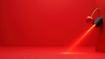 Poster - Cherry safe with laser obstacle on right. Soft orange background. Copy space for text, 3D render AI Generated Designer Element