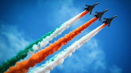 Indian air force fighter jets in tri-color formation against clear blue sky