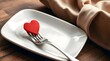 © Iris - a fork holding a small red heart on a simple white plate, concept of Valentine's Day dinner