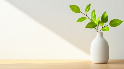 Poster - Sunlight illuminating green leaves in a white vase standing on a wooden table in a modern and minimalist kitchen, creating a cozy atmosphere