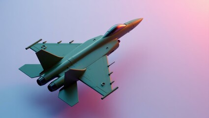 Aufkleber - Camo green fighter jet on right. Soft coral background. Copy space for text, 3D render AI Generated Designer Element