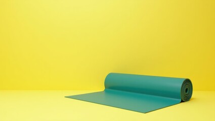 Poster - Deep teal yoga mat on left. Soft coral background. Copy space for text, 3D render AI Generated Designer Element