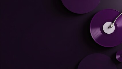 Poster - Plum purple vinyl record turntable on left. Soft yellow background. Copy space for text, 3D render AI Generated Designer Element