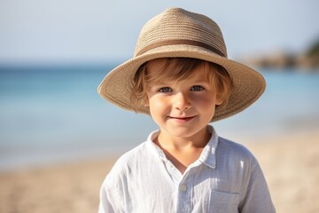 Wall Mural - Portrait of cute little boy in hat on the beach at summer day