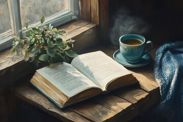 Poster - Cozy reading nook with an open book and tea on a wooden table by a sunny window. Generative AI