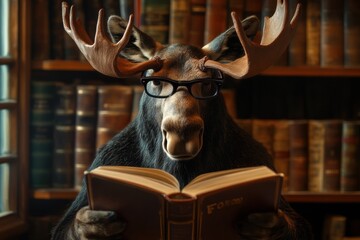 Poster - Moose wearing reading glasses enjoys a book in a vintage library filled with shelves of old books and warm lighting. Generative AI