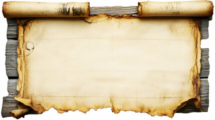Antique parchment scroll on weathered wood, perfect for historical, medieval, or fantasy designs. Blank space for text or images.