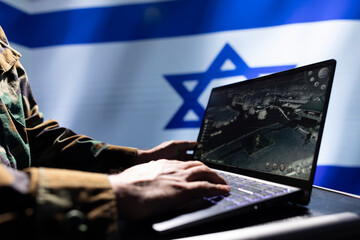 Poster - Israel Defense Forces expert analyzing aerial reconnaissance data to come up with global conflict winning strategy. IDF operative in command room controlling drones attacking strategic targets