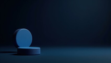 Poster - Icy blue hockey puck on left. Soft black background. Copy space for text, 3D render AI Generated Designer Element