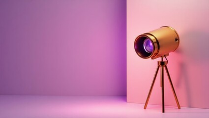 Aufkleber - Rich gold film projector on left. Soft pink background. Copy space for text, 3D render AI Generated Designer Element
