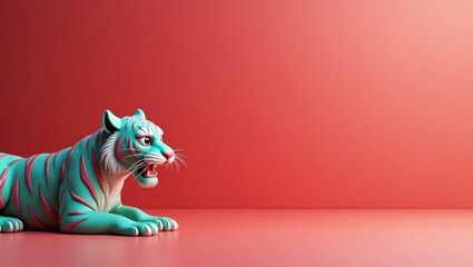 Poster - Teal and pink saber tooth tiger on left. Soft red background. Copy space for text, 3D render AI Generated Designer Element