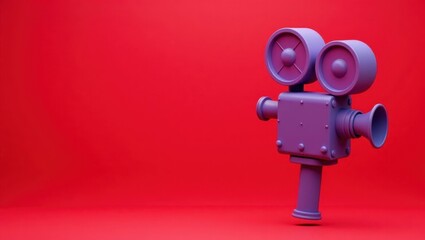 Poster - Violet cinema camera on right. Soft yellow background. Copy space for text, 3D render AI Generated Designer Element