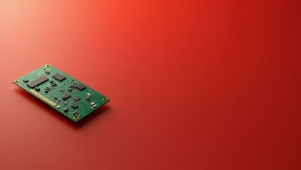 Leinwandbilder - Green circuit board piece on left. Soft red background. Copy space for text, 3D render AI Generated Designer Element