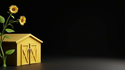 Poster - Sunflower yellow barn on left. Soft black background. Copy space for text, 3D render AI Generated Designer Element