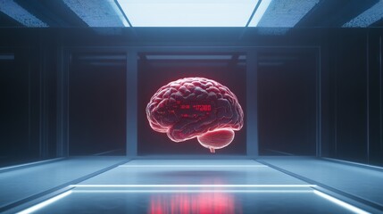 Poster - Red glowing digital human brain floating in a futuristic laboratory with blue neon lights and a reflective floor, highlighting themes of neuroscience and artificial intelligence
