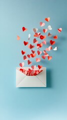 Poster - Small red and pink paper hearts flying from a slightly open white envelope on a light blue background, creating a romantic atmosphere for celebrations