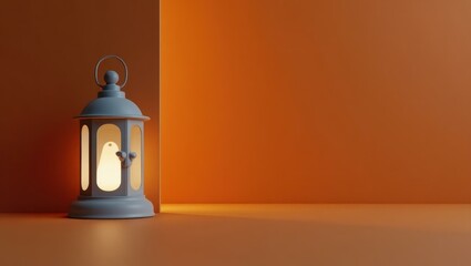 Poster - Ghostly gray creepy lantern on left. Soft green background. Copy space for text, 3D render AI Generated Designer Element