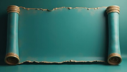 Poster - Rich blue ancient scroll on right. Soft blue background. Copy space for text, 3D render AI Generated Designer Element