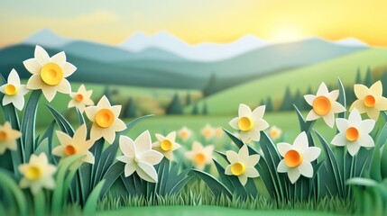 Sticker - A springtime meadow with blooming daffodils paper art 3d background 