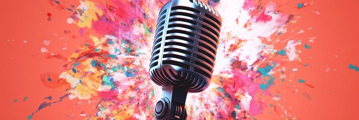 Aufkleber - Vintage microphone is at the center of an explosion of colorful paint splatters, representing the energy and passion of music, singing, and creative expression