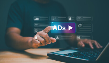 Poster - Digital marketing commerce online sale concept, Businessman using laptop with Ads dashboard. Advertising marketing strategies. ADs on website and social media. ADs video banner to target. Planning.