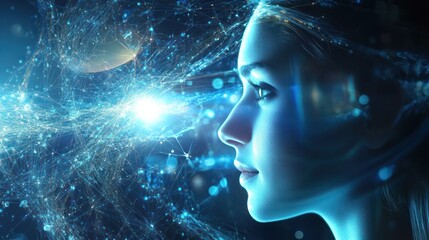Poster - Woman's profile with futuristic digital network connections and glowing bright light effect, technology