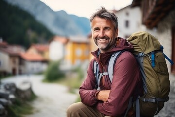 Wall Mural - Portrait of a smiling man with backpack sitting on a mountain road