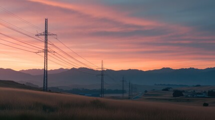 Sticker - A sunrise view of high voltage power pylons background 