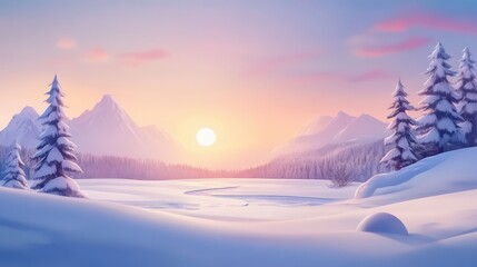 Poster - Serene winter sunrise over snow-covered mountains and forest.