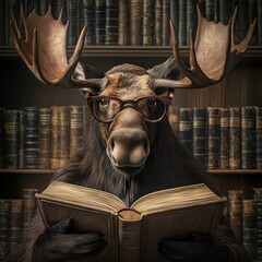Poster - Moose wearing reading glasses enjoying a book in a vintage library filled with books. Generative AI