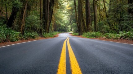 Wall Mural - a paved forest road with patches of light streaming through gaps in the trees.