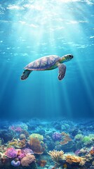 Poster - Sunbeams filtering through crystal clear water illuminate a vibrant coral reef, creating a breathtaking underwater scene with a graceful sea turtle swimming above