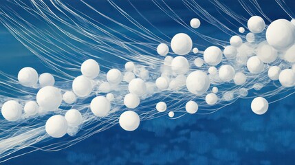 Poster - Abstract art of white spheres floating on blue background with thin white lines.