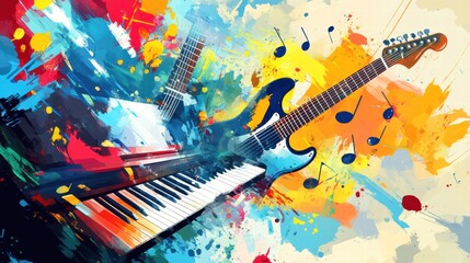 Aufkleber - Creative energy captured through musical instruments with colorful notes and vibrant splashes in an artistic expression. Generative AI