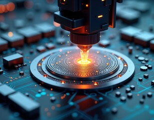 Poster - Futuristic tech assembly line shows precise robotic process. Advanced manufacturing tech. High tech robotic arm performs precision operation on circuit board. Innovative automated system. Future of