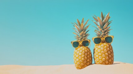 Aufkleber - Two ripe pineapples wearing stylish sunglasses are standing on a sandy beach against a clear blue sky, creating a fun and vibrant summer holiday scene
