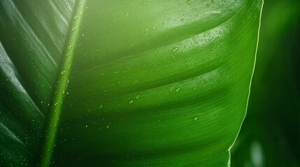 Poster - Sunlight illuminates a vibrant green leaf with delicate water droplets clinging to its surface, showcasing the beauty of nature after a refreshing rain