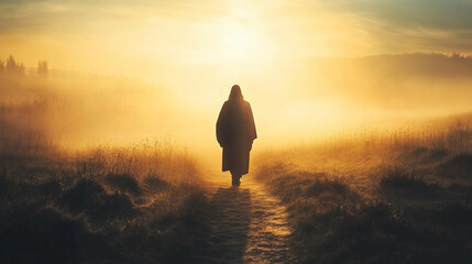 Back view of silhouette of Jesus Christ walking alone on an ancient dusty pathway at sunrise backlight emphasizing solitude and faith with blurred bright light tone and caption space on the side

