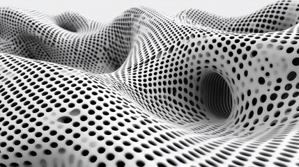 Poster - Abstract 3D rendered grayscale landscape with perforated surface and undulating hills.