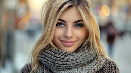 Wall Mural - A stunning young woman stands by a busy city street, her blonde hair glowing and a cozy sweater draped stylishly over her shoulders.